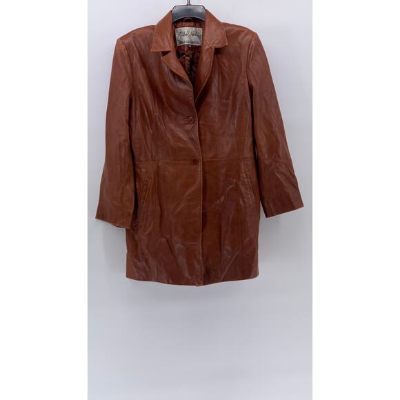 MICHAEL HOBAN Women’s Brown Leather North Beach Button-Up Long Sleeve Coat SZ 10 - Picture 1 of 11